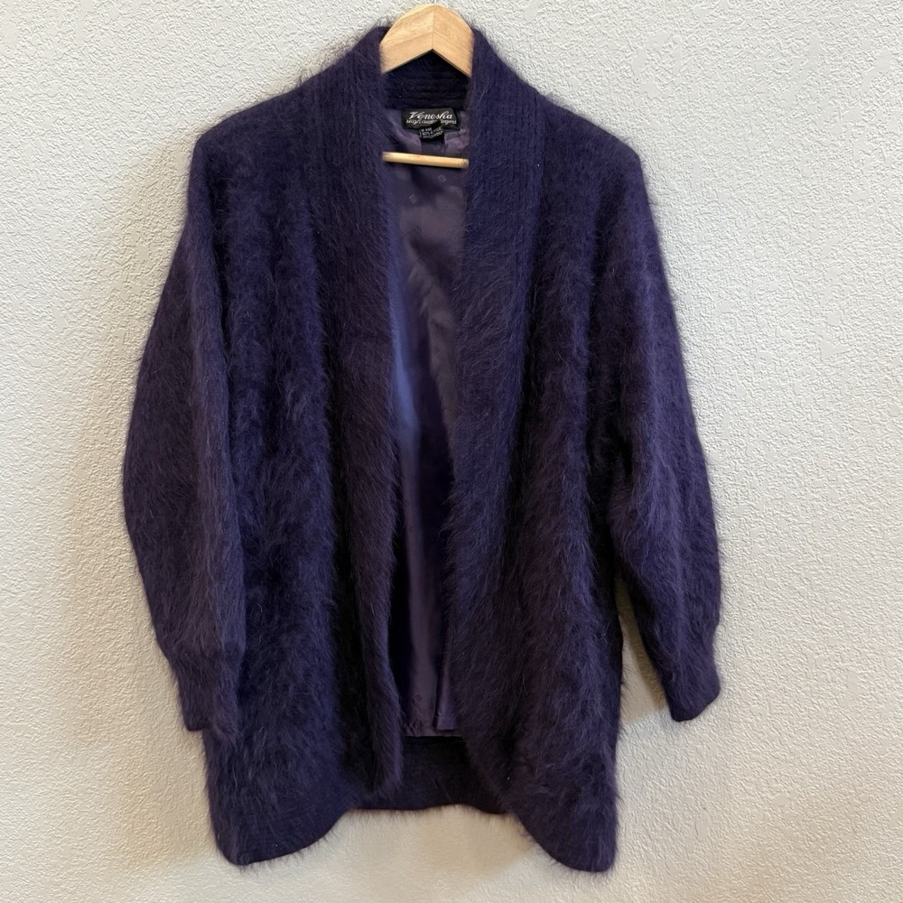 Venesha Angora Coat Open Front Jacket Eggplant Purple Medium Vintage 80s 90s